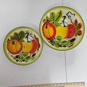 Vintage Tin Enamelware Fall Harvest Vegetable Bowl Set 12"x 3.25" - 10"x3" GUC